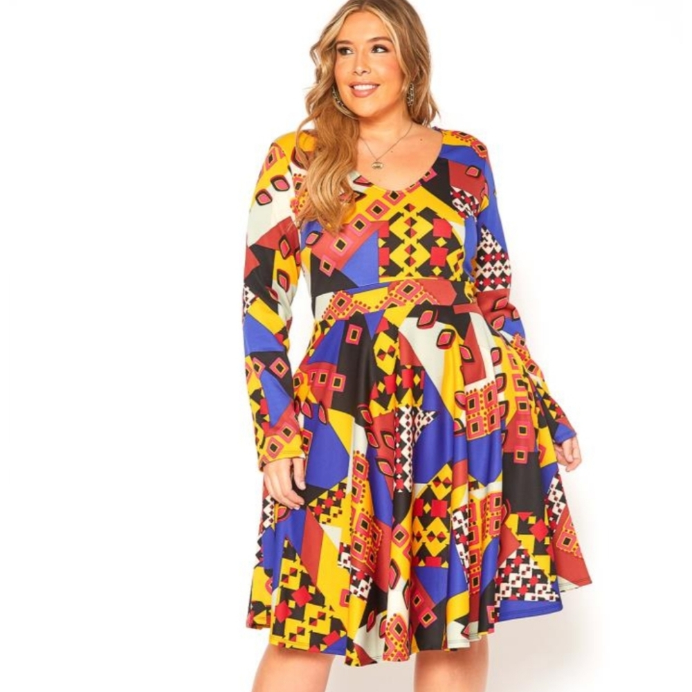 Asoph Plus Size Multi Block Print Fit Flare Dress